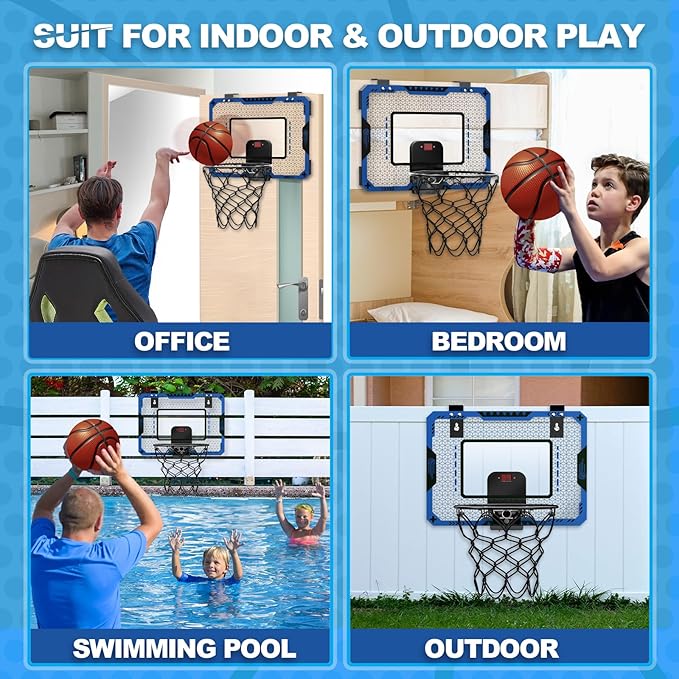 Indoor Basketball Hoop for Kids Age 5-10, with Electronic Scoreboard & 3 Balls - Over The Door Mini Hoop for Boys' Birthday