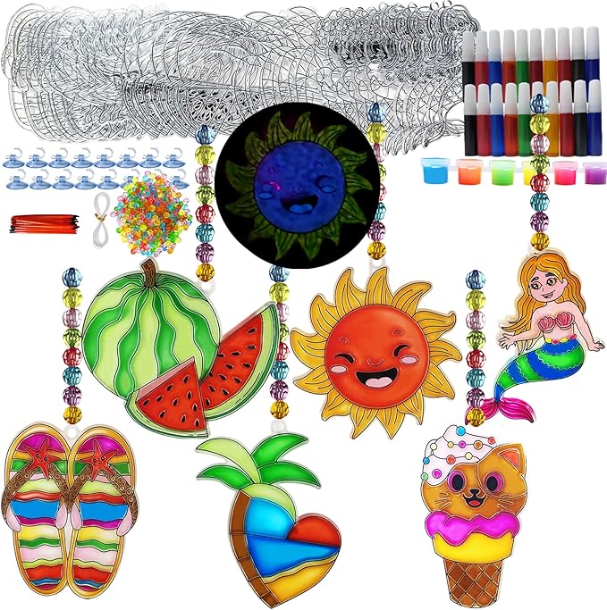 Ayhuhra 30 Sets Summer Suncatcher Craft Kits Glow in The Dark DIY Window Paint Art Sun Catcher Kits for Home Classroom Party Activities Art Project Party Favors