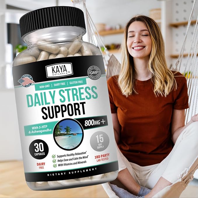 Kaya Naturals - Natural Herbal Stress Relief Support Vitamin Supplement to Relax and Calm The Mind - Boost Mood - Happy Pills - Anxiousness Support - 30 Capsules (Pack of 2)