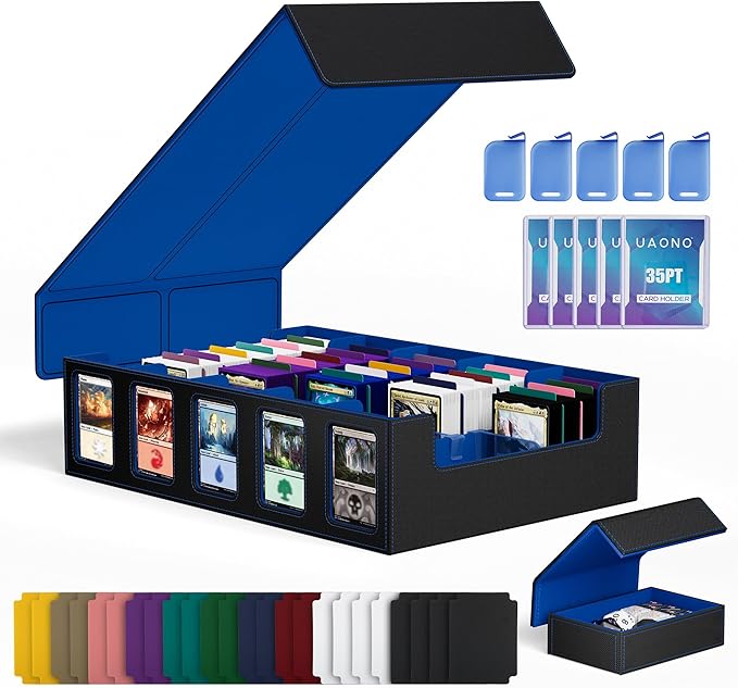UAONO Trading Card Storage Box with Commander Display;3900+ Card Box for MTG, Removable Cover; 5 Row Case fits MTG TCG Sports Cards 48 Dividers,5 Stoppers,5 Top Loaders,1 Dice Box(Black, Blue)