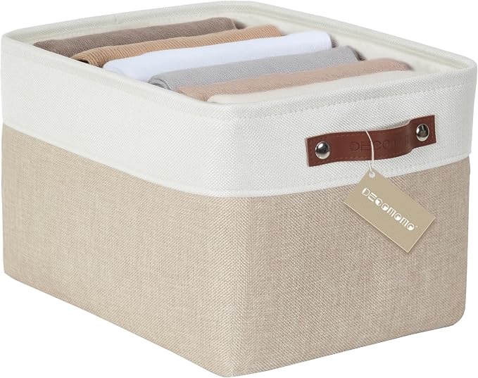 DECOMOMO Storage Bins, Large Fabric Storage Baskets for Shelves 1 Pack | 15 x 11 x 9.5 inches Decorative Linen Closet Organizers (Beige & White)