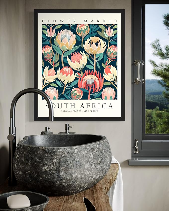 South Africa, King Protea Art Print Poster, Flower Market Wall Art, Floral Artwork Decor for Bedroom, Kitchen, Bathroom, Livingroom Decoration 52 (South Africa, King Protea, 14"L x 11"W, Black Frame)