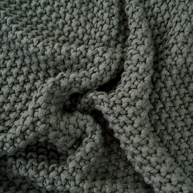 Chunky Cable Knit Throw Blanket Lightweight Grey 100% Organic Cotton Blanket for Sofa Couch Bed Baby Nursery, Rustic Shabby Chic Modern Farmhouse, Gray 51” x 63” Give Laundering Bag