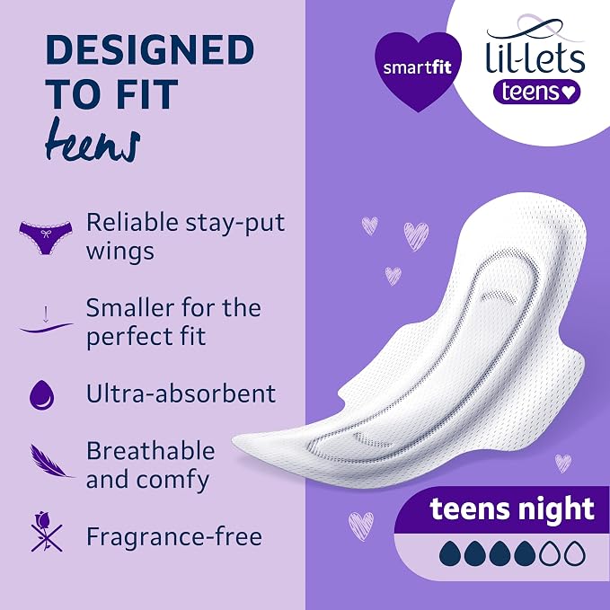 Lil-Lets Teens Night Pads with Wings - 50 Count Period Pads - Thin, Super Absorbent Sanitary Napkins, Soft & Breathable, Fragrance Free - First Periods, Heavy Flow Nights *Packaging May Vary*