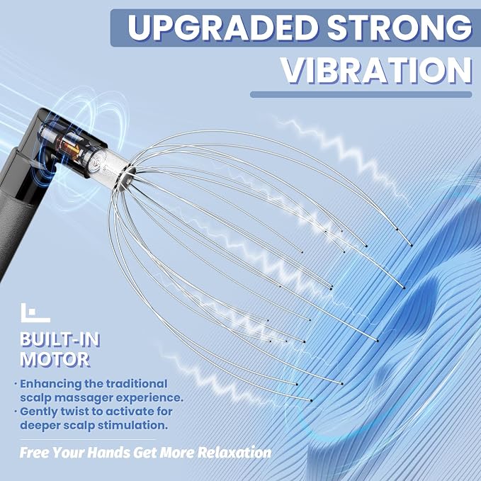 Head Massager Scalp, Vibrating Electric Scalp Massagers, Battery Powered Head Scratchers Massager Whisk Hair Massage Relax Tool with 20 Metal Fingers for Stress Relief, ldeal Gift for Women & Men