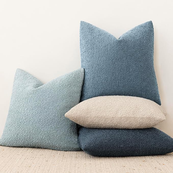 Foindtower Pack of 2 Textured Boucle Throw Pillow Covers Accent Solid Decorative Lumbar Pillow Cases Cozy Couch Cushion Case for Chair Sofa Bedroom Living Room Home Decor 12x20 Inch Misty Blue