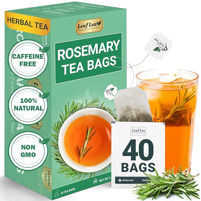 LeafLea Rosemary Tea Bags, Pure Rosemary Leaf Herbal Tea, Caffeine-Free | Te De Romero with a Soothing, Earthy Taste, Individually Foil-Wrapped for Freshness, Sugar-Free, Non-GMO, 40 Tea Bags