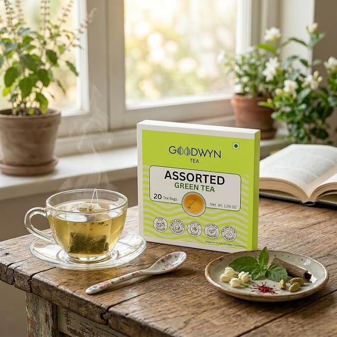 Goodwyn Assorted Green Tea Sampler, 20 Tea Bags | Green, Kahwa, Jasmine & Tulsi Green Tea | Natural Low Caffeine | Plastic Free Bags