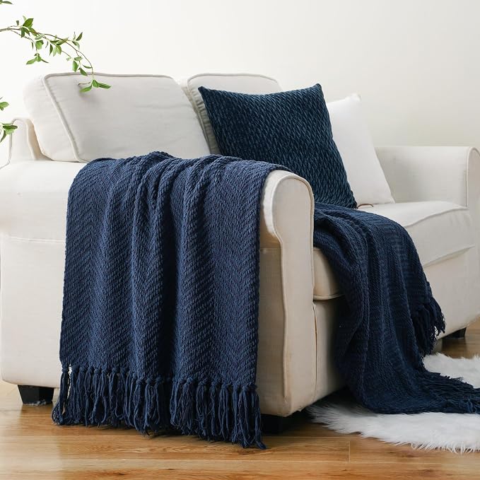 BATTILO HOME Navy Blue Throw Blanket for Couch, Knitted Blue Blanket Throw 50'' x 60'', Super Soft Warm Navy Throws for Chair Sofa Home Decor