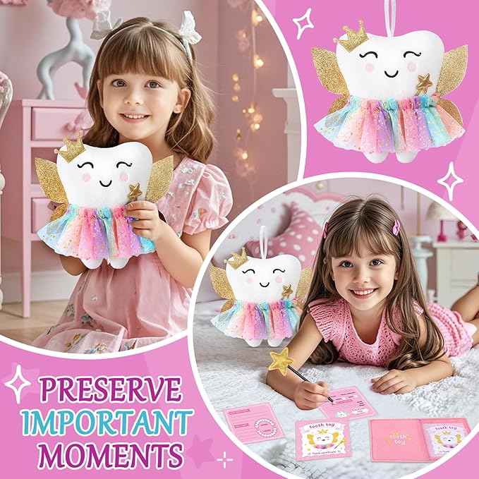 G.C Kids Tooth Pillow Toys Boys Girls Tooth Holder Teeth Fairy Stuffed Animal Plush Toy with Wings Pocket Tooth Notepad Felt Keepsake Wallet Pouch Gifts