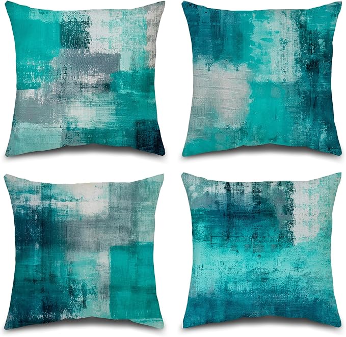 Teal Abstract Throw Pillow Covers 18x18 Set of 4 | Turquoise & Grey Modern‑Art Cushion Covers, aesthetic accent pillowcases for sofa, bedroom and chair