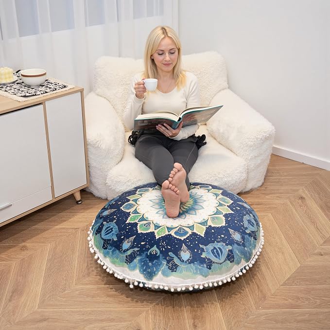Meditation Cushion Set of 2, Round Floor Pillow Seating for Adults, Bohemian Mandala Yoga Cushion, 32" Extra Thick Memory Foam Removable Washable Cover, Ideal Gift Holiday Decor, Green
