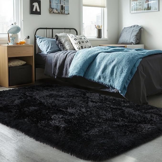 4x6 Thick Black Fluffy Shag Rug for Bedroom, Plush Washable Carpet | Area Rug for Living Room, Nursery, Dorm, Playroom, Non Slip Shaggy Floor Carpet