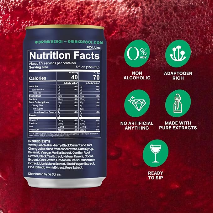 De Soi Purple Lune Mocktails NA Drinks 8 fl oz (12-pack) - Adaptogen Drink, Sparkling Drink with Calming Botanicals, Mocktail Drinks, Gluten Free, No Artificial Flavors