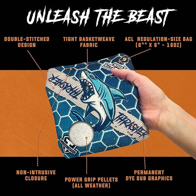 Titan Bags Thrasher Cornhole Bags - 6"x6" ACL PRO Approved Tournament-Grade, Durable Dual-Sided for Precision Shots, All-Weather Power Grip Pellets for Indoor & Outdoor Tossing - Set of 4