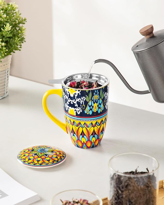 vancasso Ceramic Tea Cup with Infuser and Lid, 18 Ounce Tea Infuser Mug for Loose Leaf Tea, Microwave & Dishwasher Safe, Bohemian Mandala, Gift for Tea Lovers, Golden Lotus Mirage