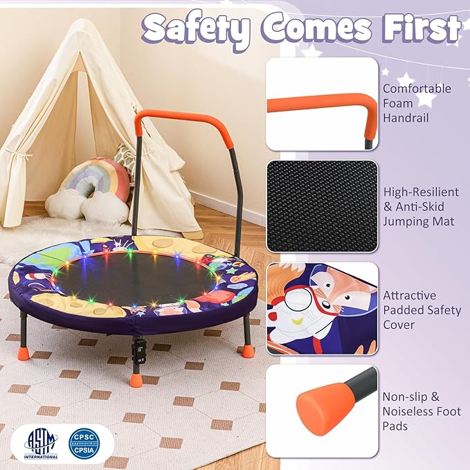 GYMAX 36” Toddler Trampoline with Lights, Folding Springless ASTM Approved Small Kids Rebounder with Foam Handle, Safety Padded Cover & Foldable Legs, Mini Indoor Baby Trampolines