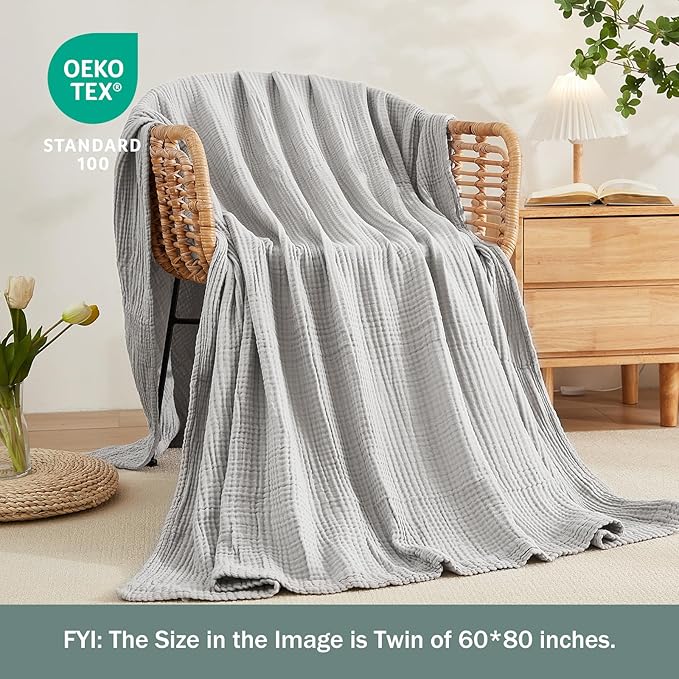 EMME Muslin Blankets for Adults Throw Blanket for Couch Breathable Gauze Soft Lightweight Airy Light Grey Twin XL 66" x 90"