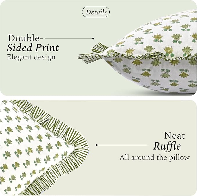 CPC Lotus Meadow Hand Block Print 100% Cotton Ruffle Throw Pillow Cover 18x18 inch with Hidden Zipper Decorative for Couch, Bed, Sofa, Farmhouse, Cottagecore Decor Gift Christmas Fall Thanksgiving