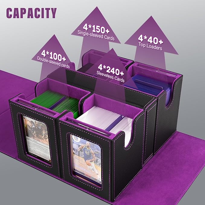 Kabinka Card Deck Box for MTG Commander, Holds 400+ Double-Sleeved Cards, 5 IN 1 Detachable Card Case with Dice Tray, Fits Magic/TCG Cards, 4 Magnetic Card Holders & Dividers (Black Purple)