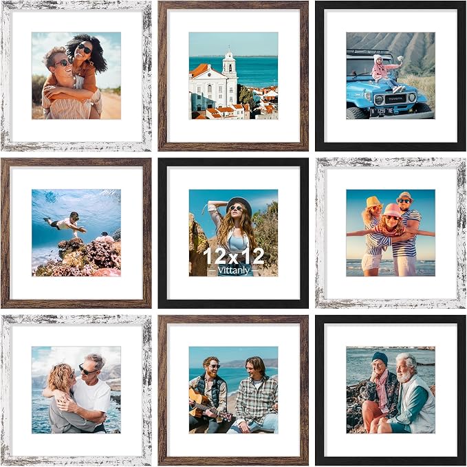 Vittanly 12x12 Picture Frames Set of 9, Black&Brown&Distressed White | Display Pictures 8x8 with Mat or 12x12 without Mat for Wall Mounting, Square Photo Frames for Home Decor, Engineered Wood