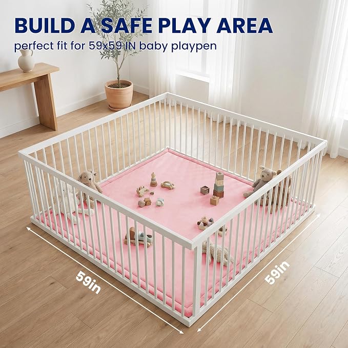 Huloo Sleep Ultra Soft Baby Play Mat for Floor, 1.3" Thick Elasti-Foam 59x59 Play Mat for Playpen,Water-Repellent Coral Velvet for Tummy Time, Non-Slip Backing,Safe for Toddlers & Infants（Pink）