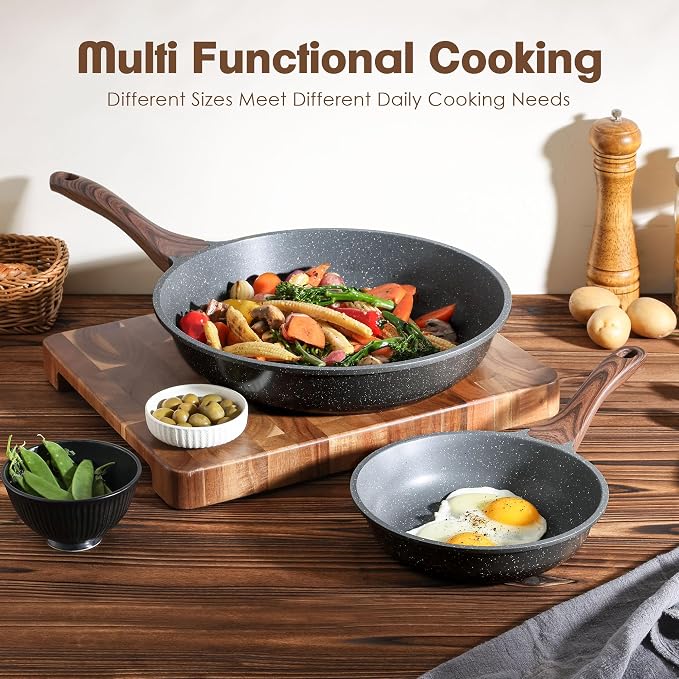 SENSARTE Nonstick Frying Pans, Grey(8+12.5 Inch) | Swiss Granite Coating, Free of PFOA&PFOS, Compatible with All Stoves Including Induction Cooktops, Easy to Clean