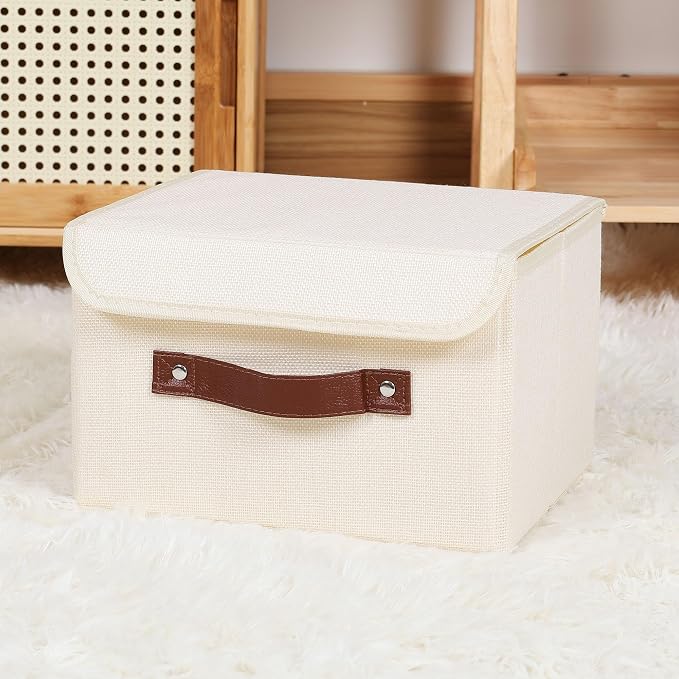 ANMINY Fabric Storage Box Bins with Lids, Beige, 10"x8"x7", 4 Pack | Keepsake Memory Storage, Cotton Linen, PP Board Reinforced, Washable, PU Handles, Foldable & Stackable, Decorative, Small