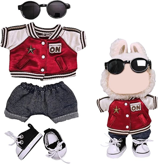 Doll Outfit Set for 17cm Dolls, 4 Piece Clothes Set for Labubu, Premium Fashion Clothes for Labubu Dolls Accessories Suit,Baseball Jacket+Jeans+Canvas Shoes+Glasses