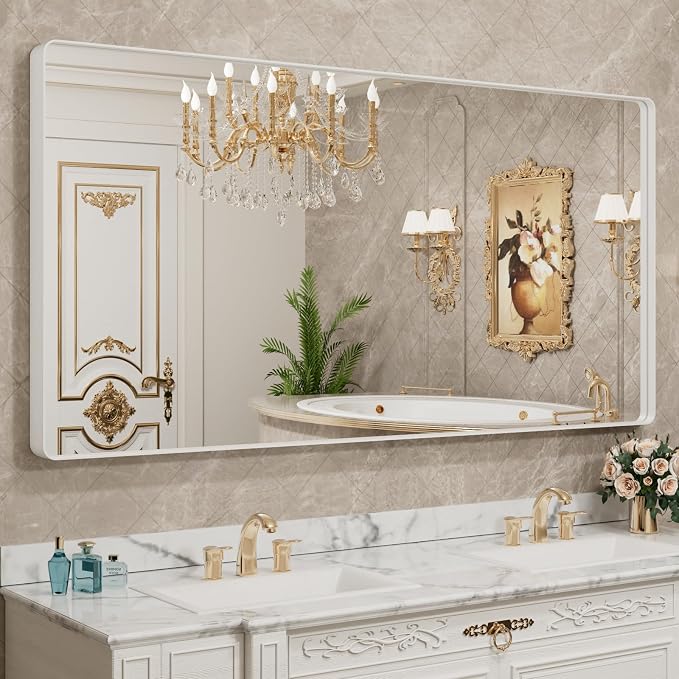 LOAAO 72x40 Inch White Metal Framed Bathroom Mirror for Wall | Rounded Rectangle Mirror, Anti-Rust, Tempered Glass, Hangs Horizontally or Vertically