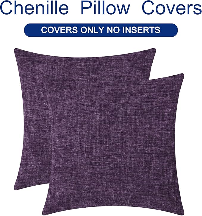 CaliTime Decorative Couch Throw Pillow Covers 18 X 18 Inches Plum Purple | Pack of 2, Cozy Chenille Cushion Cases for Sofa Bed Living Room Farmhouse Home