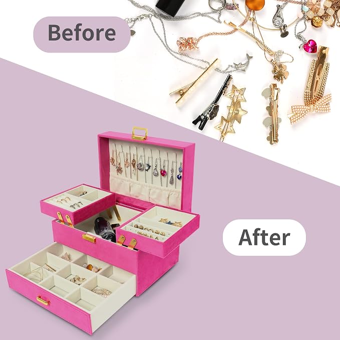 Jewelry Organizer Box, Large Jewelry Boxes for Women Girls, Space-Saving 3 Layers Jewelry Storage Case with Drawer, Gift Idea for Christmas, Valentine's Day, Birthday, Mother's Day (Red)