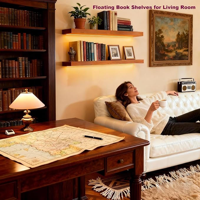 ROGMARS 36 Inches Long Walnut Floating Shelves with Led Light | Rustic Solid Wood Farmhouse Wall Shelves with Invisible Brackets for Bedroom, Living Room, Kitchen, Bathroom Set of 2