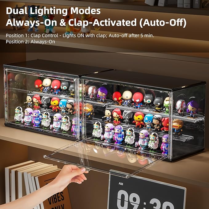 Acrylic Display Case for Collectibles with LED Light, 3 Layer Adjustable Figure Display Case with Magnetic Door, Lighted Display Box Stackable Clear Blind Box for Action Figure, Popmart, 1 Pack, Black