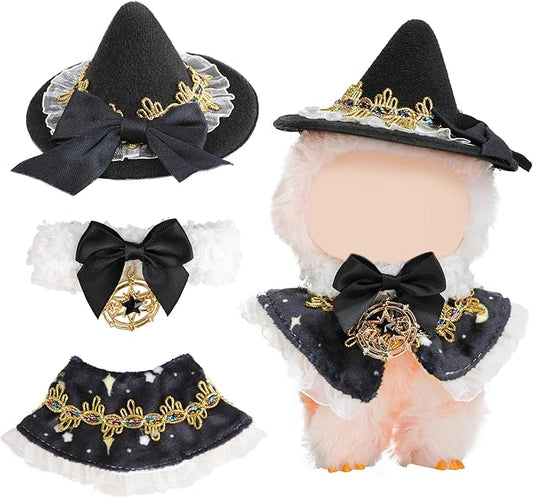 Clothes for Labubu Doll,6.7 Inch Doll Clothing Set - 2 Pieces of Handmade Clothes and Accessories for 17cm Plush Toys - Black hat Halloween Skirt