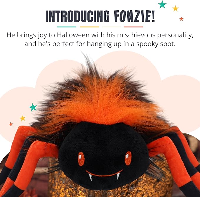 Fonzie Stuffed Spider | 8 Inches, Black, Surface Washable | Halloween Plush Decorations | Fall Decor | Spooky Home Decor | Safe Materials | Spider Stuffed Animal