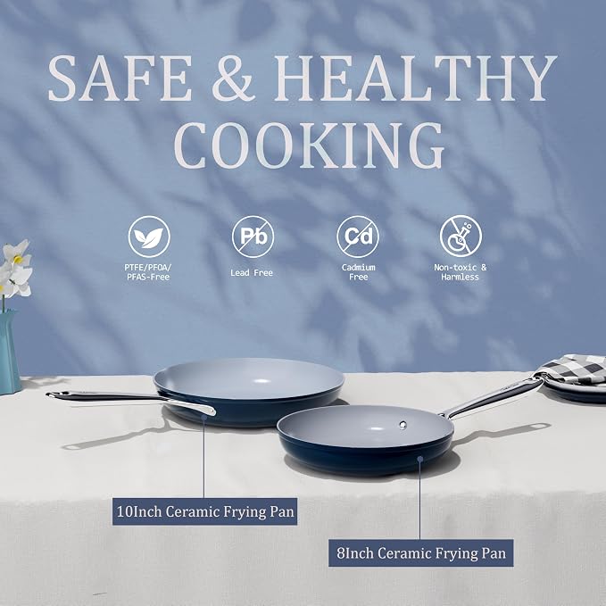 CookinCraze Premium Ceramic Frying Pan, 8 Inch Nonstick Egg Skillet | for Healthy Cooking PFAS & PTFE Free Induction Compatible, Oven Safe up to 500°F, Stay-Cool Stainless Steel Handle, Navy Blue