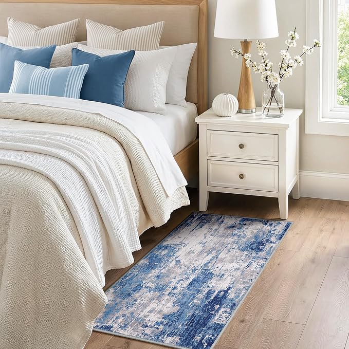 RELEANY Washable Area Rugs 2'x4' Non-Slip Modern Abstract Soft for Living Room Entryway Bedroom Kitchen, Print Pattern, Blue Grey Navy Gray | carpet for bedroom, kitchen, office, hallway and entryway, printed pattern, non-slip, soft, stain-resistant, e...