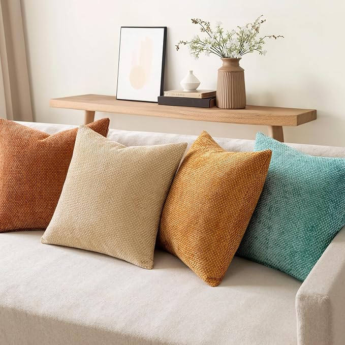MIULEE Soft Decorative Chenille Fall Pillow Covers Beige Orange Teal 18x18 | Pack of 4，Rustic Home Decor, Retro Vintage Set, Couch Throw Pillows, Farmhouse Boho Cushion Covers for Sofa Bed Living Room