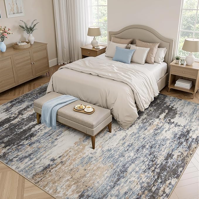 8x10 Area Rug for Living Room, Abstract Washable Large Rugs, Grey/ Blue | Neutral Carpet for Bedroom, Dining Room, Home Office Nursery, Indoor, Stain Resistant, Non-Slip, Low Pile, Modern Rug