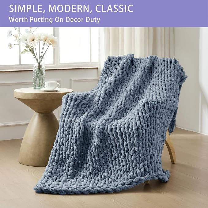 Bigacogo Chunky Knit Throw Blanket for Couch, 51x63 inches, Cold Sea Blue | Hand Knit with Jumbo Chenille, Soft Breathable Cable Knit for Sofa Bed Living Room, Machine Washable, Gift for Mom Friend
