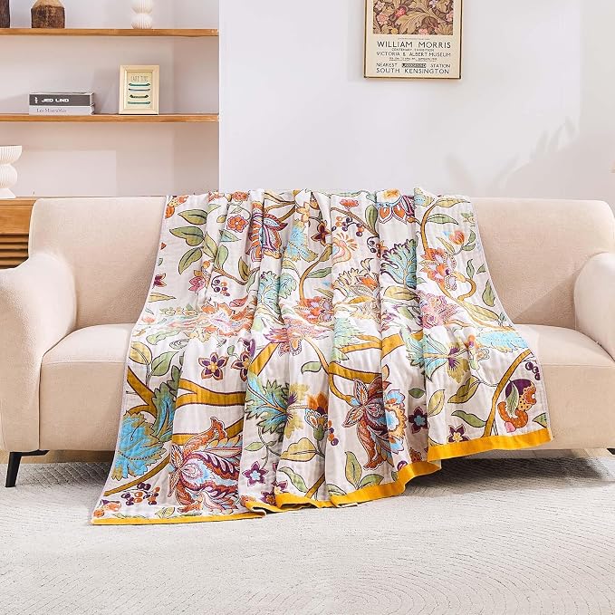 XIBLC Boho Throw Blanket for Bed, 100% Cotton Soft Rustic Quilt Fall Blanket, 90"x98" Floral Printed Farmhouse Decor Bed Blankets, All Season Rustic Reversible Bohemian Throw Quilt