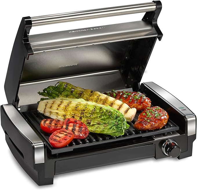 Hamilton Beach Electric Indoor Searing Grill with Adjustable Temperature Control to 450F, 118 sq. in. Surface Serves 6, PFAS-Free Removable Nonstick Grate, Stainless Steel (25360) | Adjustable Temperature Control To 450°F | 118 sq. in. PFAS-Free Remova...