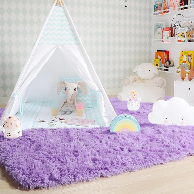 Amdrebio Purple Fluffy Kids Area Rug 4x6 for Girls Bedroom Dorm Nursery | Shaggy Furry Fuzzy Plush Shag Lavender Carpet, Classroom Playroom Living Room Decor, Baby Toddler Corner, Cutecore Aesthetic