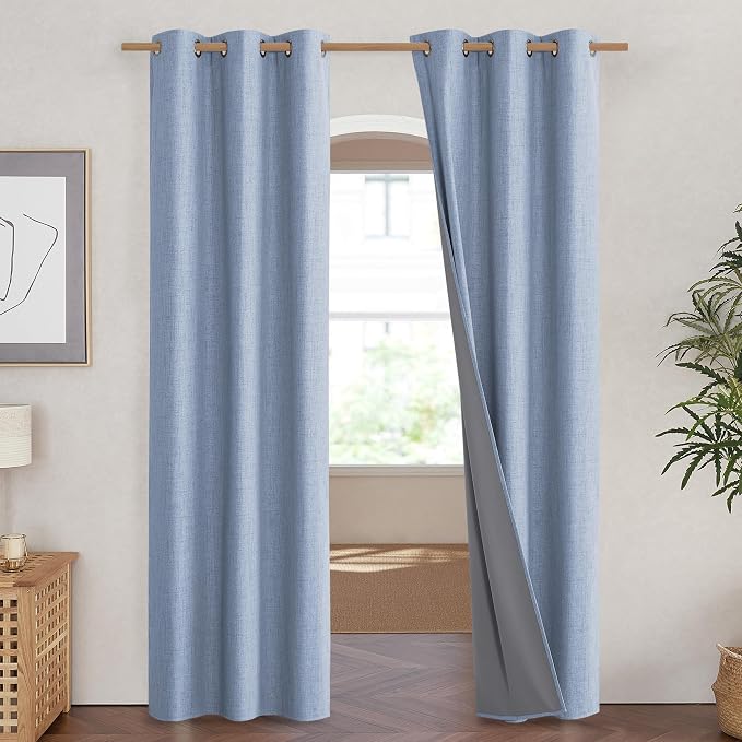 NICETOWN Stone Blue Vintage Linen 100% Blackout Curtains for Living Room, Thermal Insulated Curtains 90" Long, Noise Reducing Window Treatment Drapes for Hall Room, 42" Wide Per Panel, Set of 2