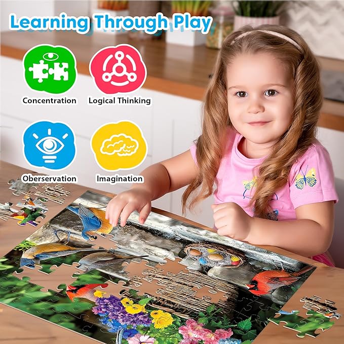 4-Pack 100 Piece Puzzles for Kids Ages 6-8 8-10 Year Old, Birds Puzzles, Large Piece Puzzle for Seniors 100 Pieces Adults Jigsaw Puzzle, Learning Educational Toys for Boys and Girls