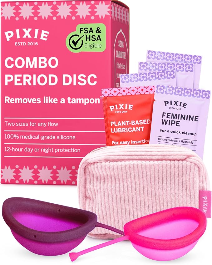 Pixie 2 Menstrual Discs for Feminine Care - 100% Medical-Grade Silicone - Ranked 1 for Softest Reusable Period Disc - Removes Like a Tampon - Wear 12 Hours - Capacity of 5 and 7 Tampons