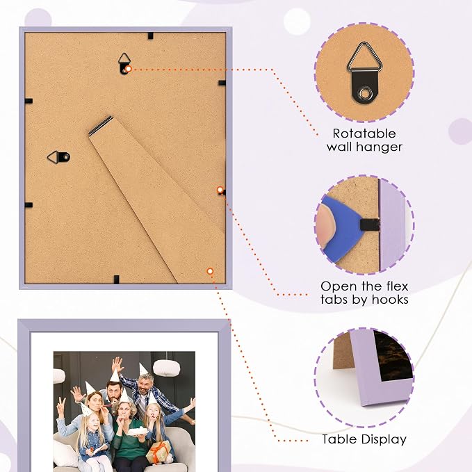 FIXSMITH 8x10 Picture Frame Set of 2, Purple Photo Frame with HD Plexiglass, Display Pictures 5x7 with Mat or 8x10 Without Mat Multi Picture Frames Collage for Tabletop or Wall Display