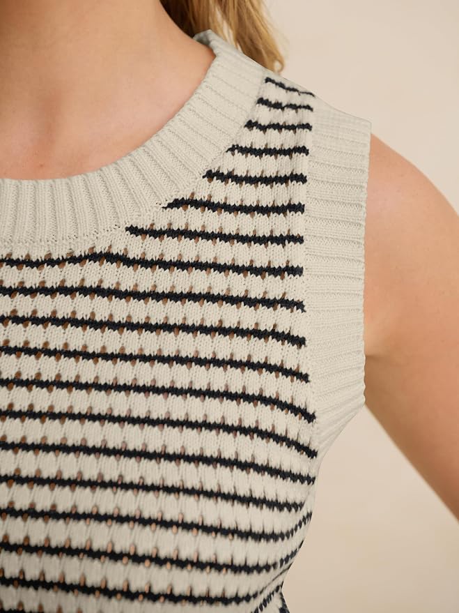 ANRABESS Womens Sleeveless Sweater Vest Striped Tank Tops | Crochet Knit Crew Neck, Lightweight Soft Comfy, Vacation Travel Work Casual Outfits, Sping Summer Layering Clothes