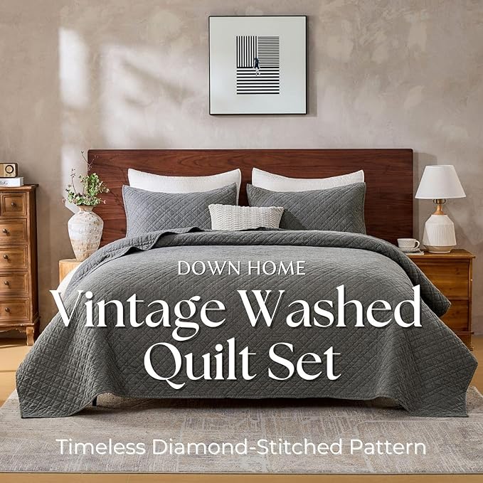 Twin Quilt Set with Sham Lightweight Quilted Bedspread Coverlet Thin Comforter Bed Cover Vintage Washed Quilted Blanket for All Season, Brushed Microfiber Diamond Stitching, Ash Gray, 66"x92"
